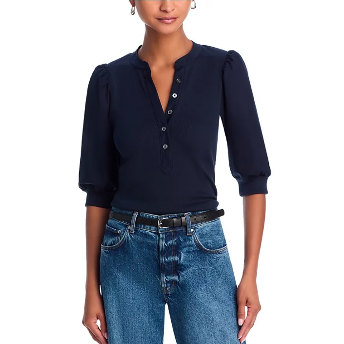 Veronica Beard Coralee Puff Sleeve Tee Navy Blue Xl